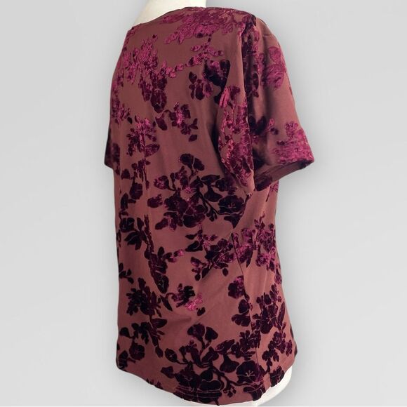 Vintage Velvet Floral Blouse, Large. Burgundy maroon semi sheer t-shirt top - Picture 6 of 13